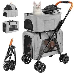 중형 소형견과 고양이 탈착식 캐리어 LPOTIUS 더블 펫 유모차 지퍼가 없는 캐노피 수납 바구니 원클릭