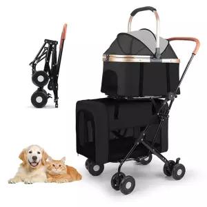 개 2마리와 고양이 2마리 이앤펫 반려동물 유모차 4륜 더블 도그 탈부착 가능한 캐리어 접이식 여행 조거