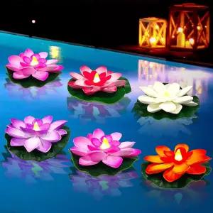 야하리치 6팩 플로팅 로터스 티 라이트 - 수영장 목욕 결혼식 파티 장식용 4인치 수련 LED 양초 컬러