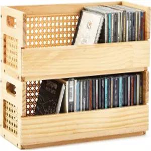 크로블리스풀 2세트 휴대용 손잡이 나무 CD 보관함 홀더 선반 라탄 디자인 카세트 테이프 디스플레이 랙