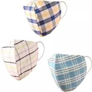 터치스톤 체크 코튼 페이스 마스크 여성용 남성용 재사용 가능한 세탁 수작업 이중 레이어. (3팩). 블루
