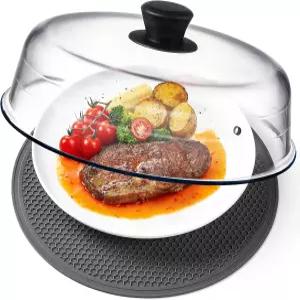 2 in 1 음식 및 전자레인지 플레이스 매트용 유리 스플래터 커버 간편한 그립 실리콘 손잡이가 있는