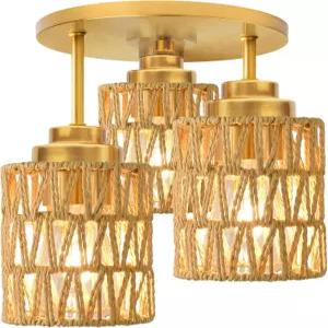 하이콜리티 3-라이트 세미 플러시 마운트 천장 조명기구 손으로 짠 라탄 그늘이 있는 보호 농가 천장기구