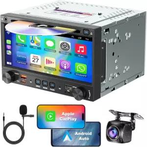 더블 딘 카 스테레오 CD DVD 플레이어(무선 카플레이 및 안드로이드 오토 포함) 7인치 라디오 4.2채널