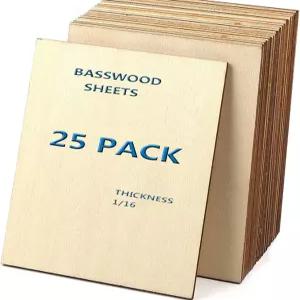 미완성 목재 조각 25개의 배스우드 시트 1/16 공예용 얇은 합판 DIY 프로젝트 페인팅 드로잉 연소 및 CNC