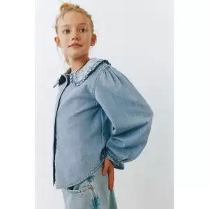 ZARA 자수 플라워 데님 피터팬 칼라 셔츠 - 블루 {WLM}