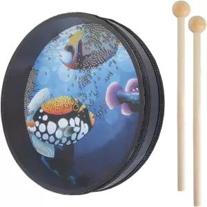 OLYCRAFT 1Pcs 오션 드럼과 2Pcs 우드 드럼 스틱 웨이브 비드 물고기 패턴 10인치 바다 사운드 음악 타악기