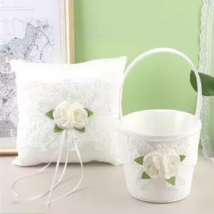 로맨틱한 결혼식 파티 장식을 위한 유다 로즈 레이스 플라워 포켓 링 베어러 베개 쿠션 및 걸 바구니 세트