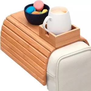 컵 홀더가 있는 대나무 소파 팔걸이 휴대폰 리모컨 및 간식용 올인원 정리함 접이식 미끄럼 방지 대부분의