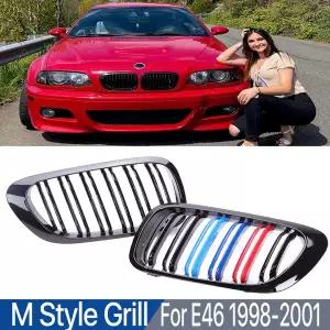 자동차 그릴망 튜닝 BMW 호환 E46 3 시리즈 2 도어 M 카본 컬러 더블 싱글 슬랫 크롬 그릴 글로스 블랙 스