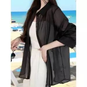 시스루 블랙 카라 기본 셔츠 빅사이즈 심플 블라우스 긴팔 비키니 커버업 남방 살안타템 비치웨어