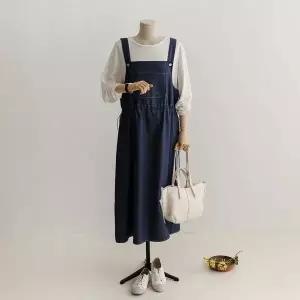 [하프클럽/]라천 데님 스트링 멜빵 원피스