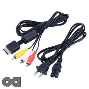 [미국배송] PS2 PS1용 전원 코드 및 AV 케이블 PLAYSTATION 1 2 FAT 콘솔 교체 세트와 호환되는 PRONG AC 오디오 비디오 케이블