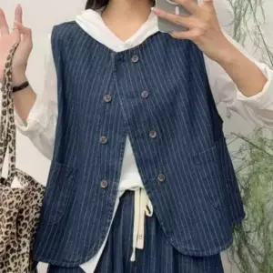 [애슬릿] 여성 베스트 조끼 데님 청 스트라이프 빅사이즈