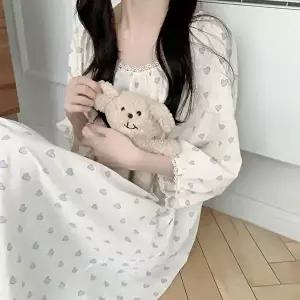 [유야]여성 면 하트 레이스 긴팔 원피스잠옷 SHO0044 봄 가을