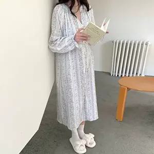 [유야]여성 면 브이넥 플라워 세로패턴 긴팔 원피스잠옷 SHO0039 봄 가을