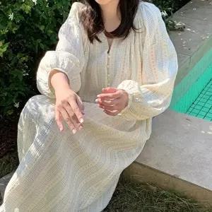 [유야]여성 면 브이넥 봄봄 패턴 긴팔 원피스잠옷 SHO0038 봄 가을