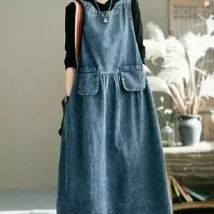 [애슬릿] 데님 롱 원피스 민소매 나시 라운드 청 빅사이즈