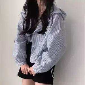 [신세계라이브쇼핑][옷자락] 여자 데일리 캐주얼 크롭 스트라이프 셔츠