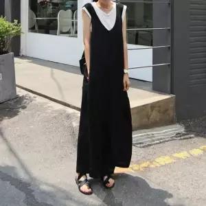 [하프클럽/옷자락]여자 네추럴 민소매 롱 와이드 점프수트