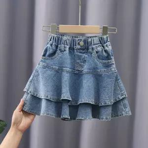 자크프릴데님스커트(작은오염) 플레어 청스커트 초등 주니어 여름 스커트 여아 미니 데님