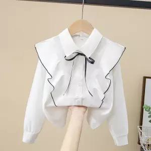 배색케이프블라우스(작은오염) 주니어 합창 셔츠 여아용 면 블라우스 촬영복 평상복 레이스 프릴 끈