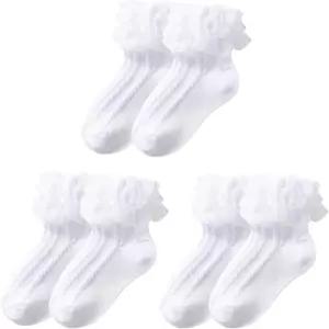 트라이우엔 3켤레 여아 레이스 러플 코튼 프릴리 발목 양말 화이트 프린세스 댄스 드레스