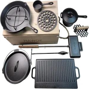 HAWOK 사전 양념 주철 더치 오븐 캠핑 조리 세트 휴대용 보관함 포함
