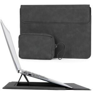 Allinside 맥북 프로 14인치 2021-2024/맥북 에어 13인치 2010-2017/맥북 프로 13인치 2010-2015용 13-14인치 노트북 슬리브 케이스, 방수 매트 PU 가죽 슬리브 커버, 스탠드 및 악세사리 파우치, 블랙