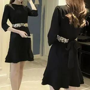 블랙 칠부소매 원피스 자수 벨트 포인트 우아한 라인 여성 데일리 오피스룩 모임