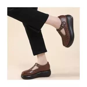 여사친 빈티지 캐주얼 스트랩 샌들 슈즈 소가죽 로마 통굽 가죽 단화 스몰사이즈 홀 BE5