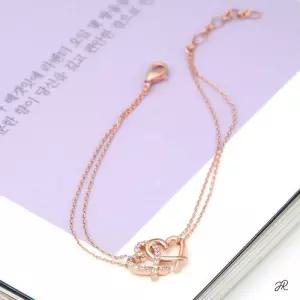 러브 하트 14KGP 로즈골드 큐빅 하트 두줄 체인 패션 팔찌