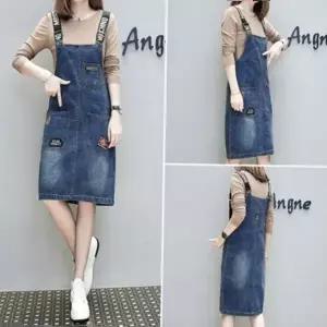 치마 멜빵원피스 원피스 로미홀리 청데님 캐주얼 미디 멜빵