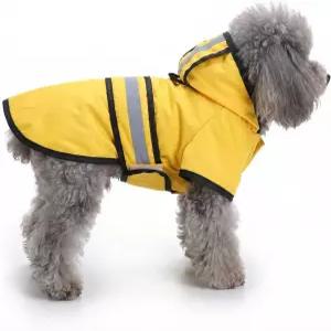 후드가 달린 강아지 비옷(사이즈 M) 목줄 구멍이 있는 노란색 반사 반려동물 비옷 소형견용 조절 가능한