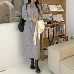 [하프클럽/]스트라이프 셔츠 롱 원피스 빅사이즈 루즈핏 봄 가을