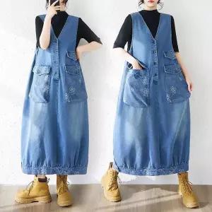 여성 봄여름 빅사이즈 티플라워 데님 빈티지 캔버스 빅포켓 브이넥 롱 조끼 I26Z2O HOT3