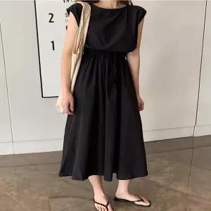 여름 페미닌 시원한 민소매 롱원피스 허리스트링 3색반팔 박스핏 마담 엄마 립라인 휴양지룩 동남아 루즈