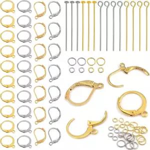 TOAOB 200개 프렌치 이어링 후크 골드 실버 레버백 이어 와이어 키트 스테인리스 스틸 클립 커넥터 헤드 핀