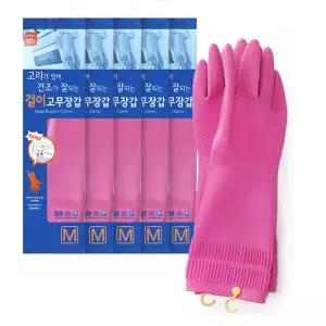 명진 걸이형 고무장갑M(중) 5켤레 고리장갑 주방 설겆이 라텍스