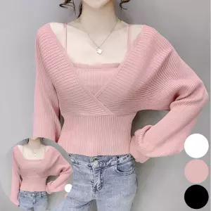여자블라우스 여성 스퀘어 끈나시 일체형 랩스타일 크롭 V넥 니트