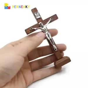 스탠드가 있는 나무 가톨릭 예수 십자가 빈티지 종교 기독교 서있는 십자가 교회 가정 선반 탁상 장식품 1P