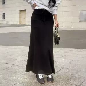 [미나그램] 커브드 허리배색 레이어드 롱스커트