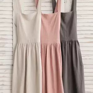 여성 앞치마 린넨 데일리 요리 주름 앞치마 무지 포켓 웨어 드레스 반팔 미용