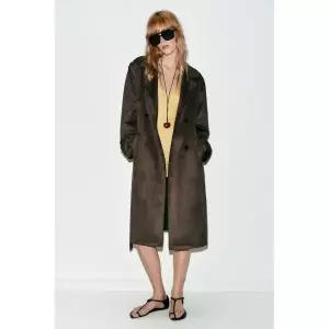 ZARA 페이크 스웨이드 벨티드 롱 트렌치 코트 - 라이트 카키 {QHJ}