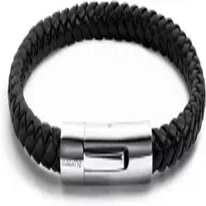 엘레가토 엘라지오 프리미엄 남성용 땋은 가죽 팔찌 스털링 실버 광택 스테인리스 스틸 걸쇠가 있는 풀