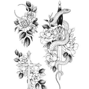 타투 스티커 3종세트 뱀 장미 십자가 여름 간성 패션 스티커 헤나 문신