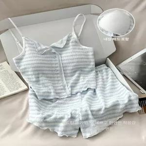 여름용 블루 스트라이프 슬립 브라 패드 여성용 얇은 캐주얼 슬리브리스