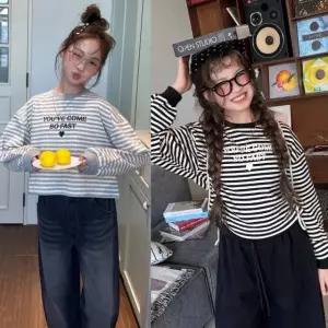 아동 주니어 스트라이프 크롭 맨투맨 티셔츠 키즈 맨투맨티 (5호-19호)