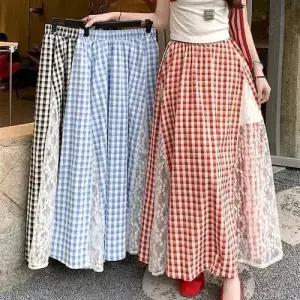 치마 롱 여자쉬폰스커트 레이스 체크 빅사이즈 하이웨스트 슬림핏 A라인 ible1