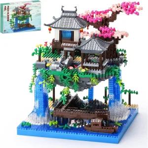 LQPFBSM 벚꽃 나무집 마이크로 미니 빌딩 블록 세트 일본 분재 복숭아꽃 연못 건축 모델 장난감 선물 2500